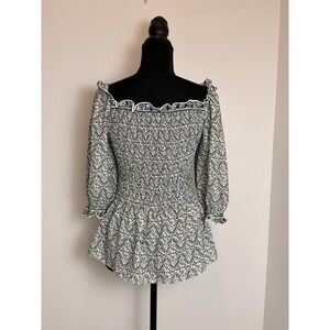 Max Studio Womens Floral Smocked Peplum Top Blue Green Puff Sleeve Size M